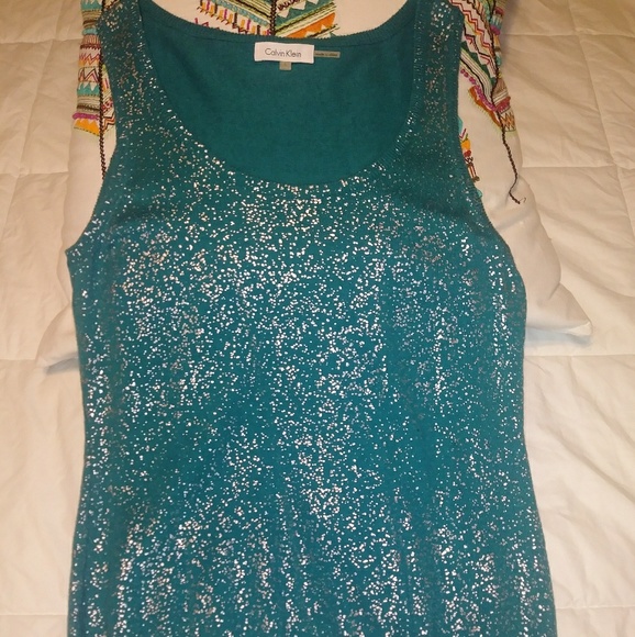 Calvin Klein Tops - CALVIN KLEIN Turquoise w/silver for sparkle Sweater Top